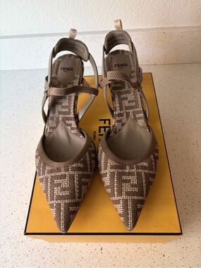 Fendi Colibri Taupe Monogram Pointed Slingback Heels